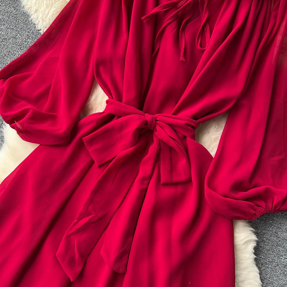 Французские шикарные платья макси для женщин с отложным воротником и рукавами-фонариками, женское летнее платье на шнуровке, женское летнее платье трапециевидной формы, Прямая поставка