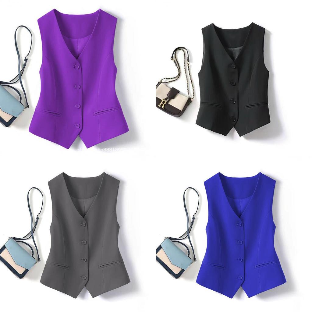 Polyester Vest For Women With V Neck And Pockets For Office Wear
