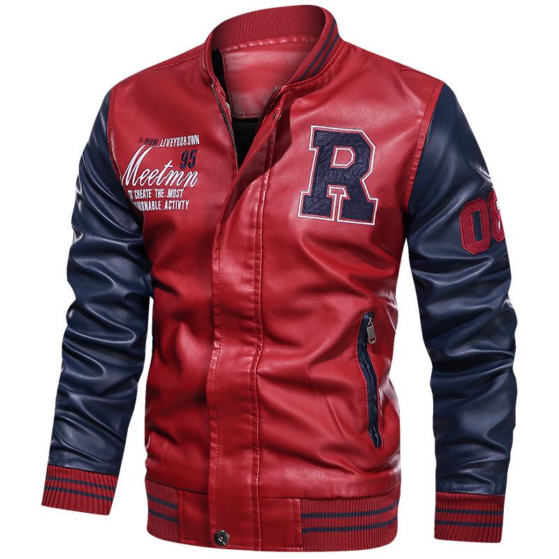 Men's High-quality Baseball Jacket, Patchwork Color Embroidered Printed PU Leather Jacket, Motorcycle Jacket, Autumn Jacket