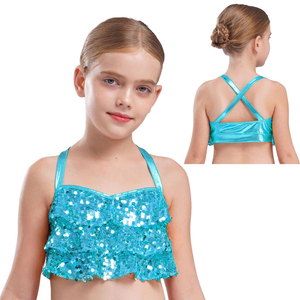 Girls Glittery Sequins Crop Top Tiered Ruffles Cross Back Metallic Camisole for Jazz Dance Performance