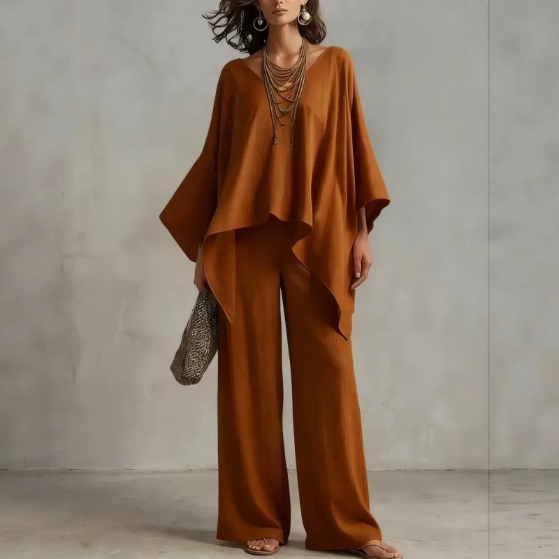 2026 Womens Solid Color Irregular Hem Wide Leg Pants Set Casual T-Shirt Suit