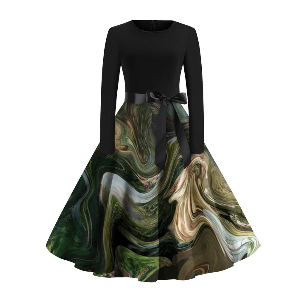 Женское расклешенное платье с принтом для женщин, платье с длинным рукавом, вечерние повседневные платья
