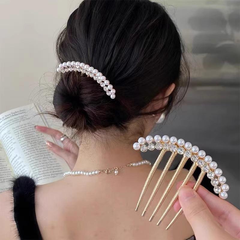 Simple Pearl Water Diamond Metal Pan Hair Insert Comb Hair Comb Hairpin Mother'S Day Holiday Gift Hair Accessories