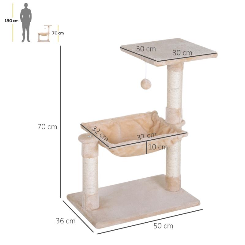 Cat tree/scratching post with sisal post, plush hammock, chipboard, beige, 50 x 36 x 70 cm