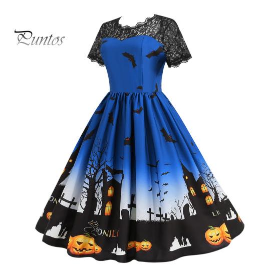Женское платье для вечеринки на Хэллоуин с ажурным кружевом и круглым вырезом в стиле ретро, А-силуэта, с большим подолом, с принтом летучей мыши в стиле «дом с привидениями», с короткими рукавами, вечернее платье для косплея