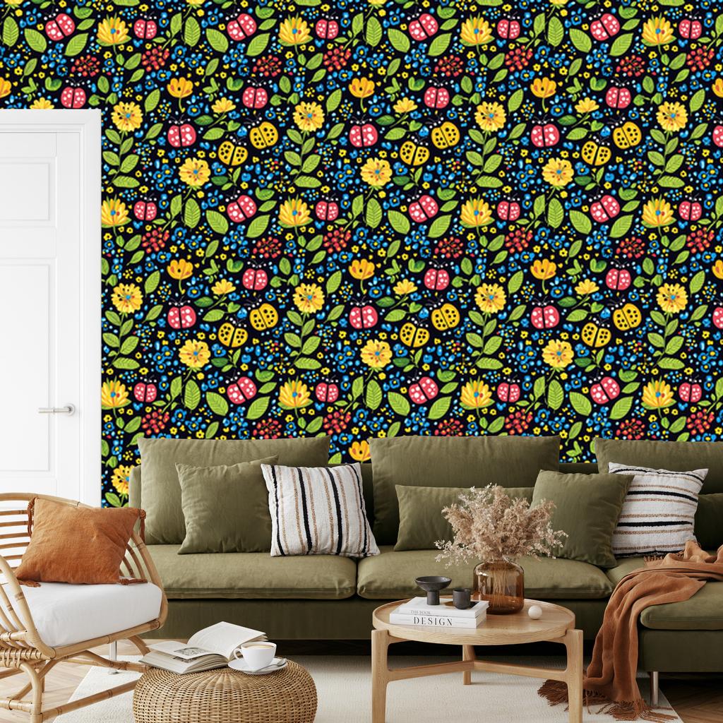 Ladybugs Wallpaper Navy Blue and Yellow for Living Room and Bedroom 50x1000