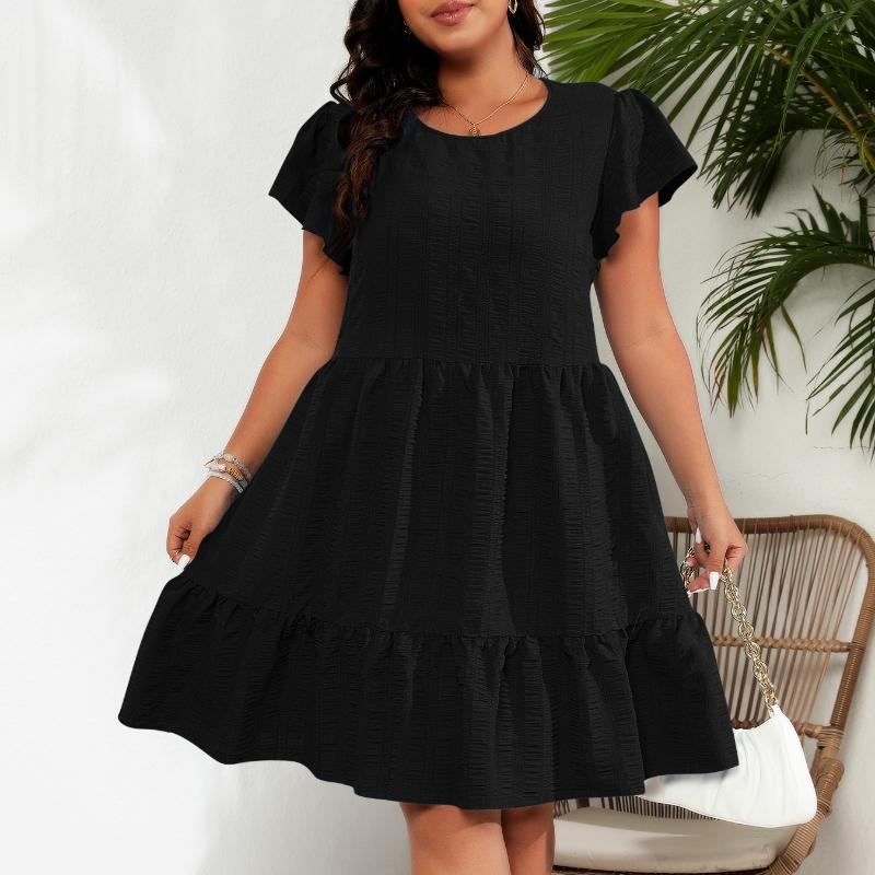 GMXIA Плюс Размер О-образный вырез с оборками на рукавах и талией Праздничные повседневные платья в стиле темперамент