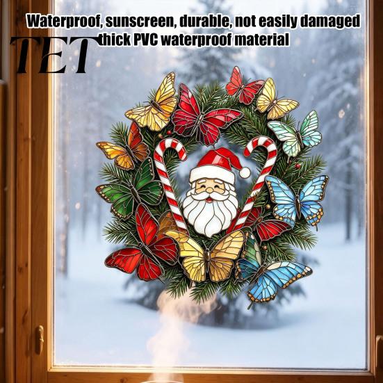 Waterproof PVC Static Clings Christmas Wreath Window Sticker, Stained Glass Style, Removable Santa Butterfly Candy Cane Decal, Cling for Home