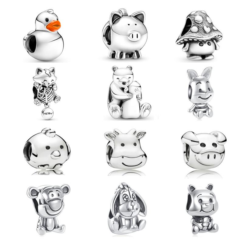 New Fine S925 Sterling Silver Bear Pig Chicken and Duck Charm DIY Bead Dangle Pendant Fit Original Bracelet Women Jewelry