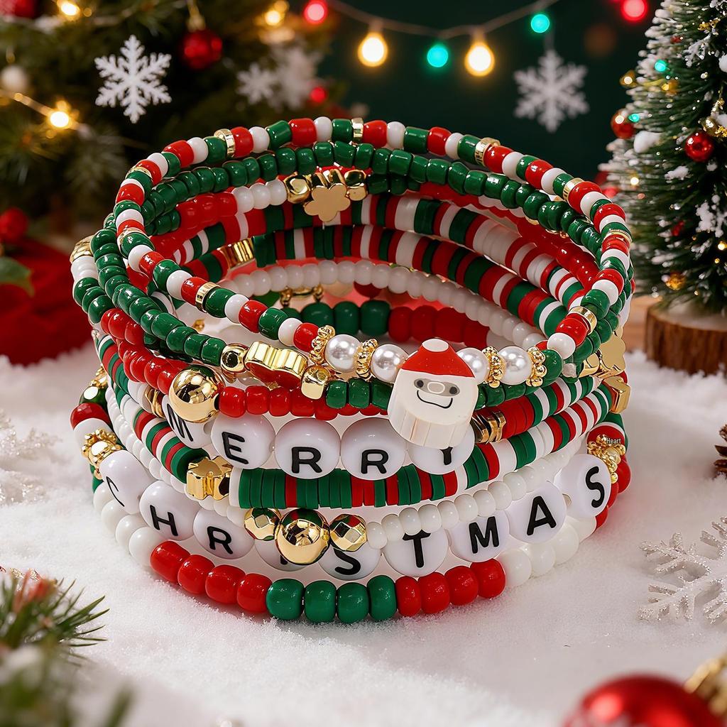 Versatile Christmas Bracelet: Red, Green, White Beads with 'MERRY' Letter, Bell, and Heart Elements