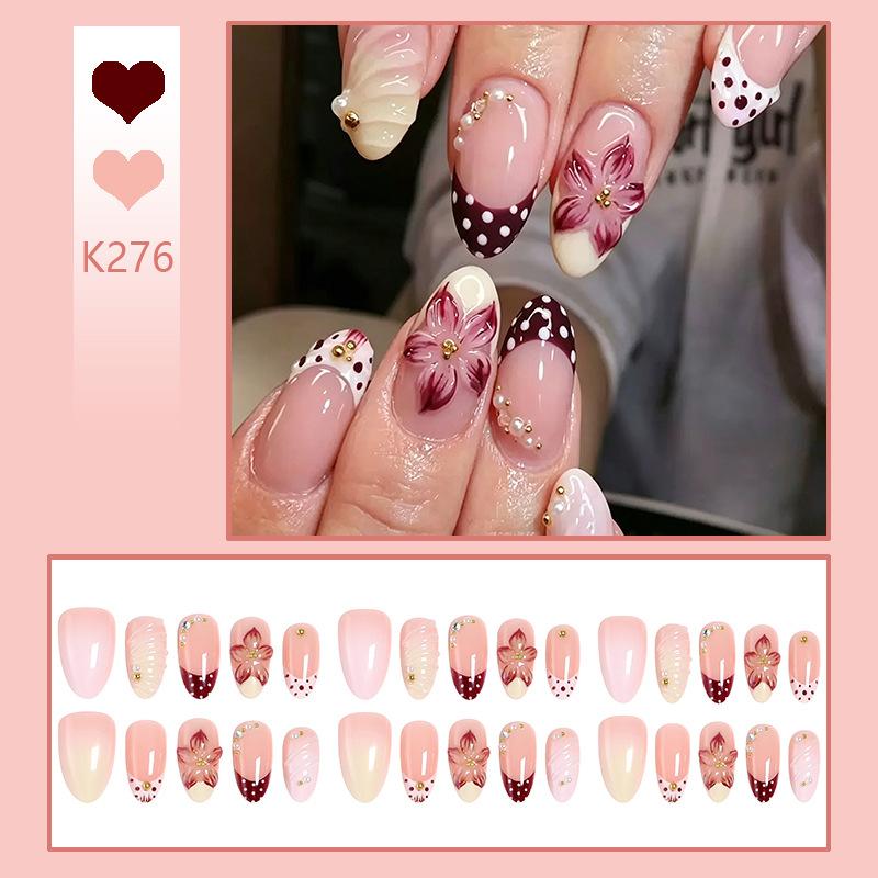 30 Pieces Of 3D Three-dimensional Flower Polka Dot Wearable Nails, Almond Nails, Whitening Manicure, Blush Nails, Fake Nails Finished Strips