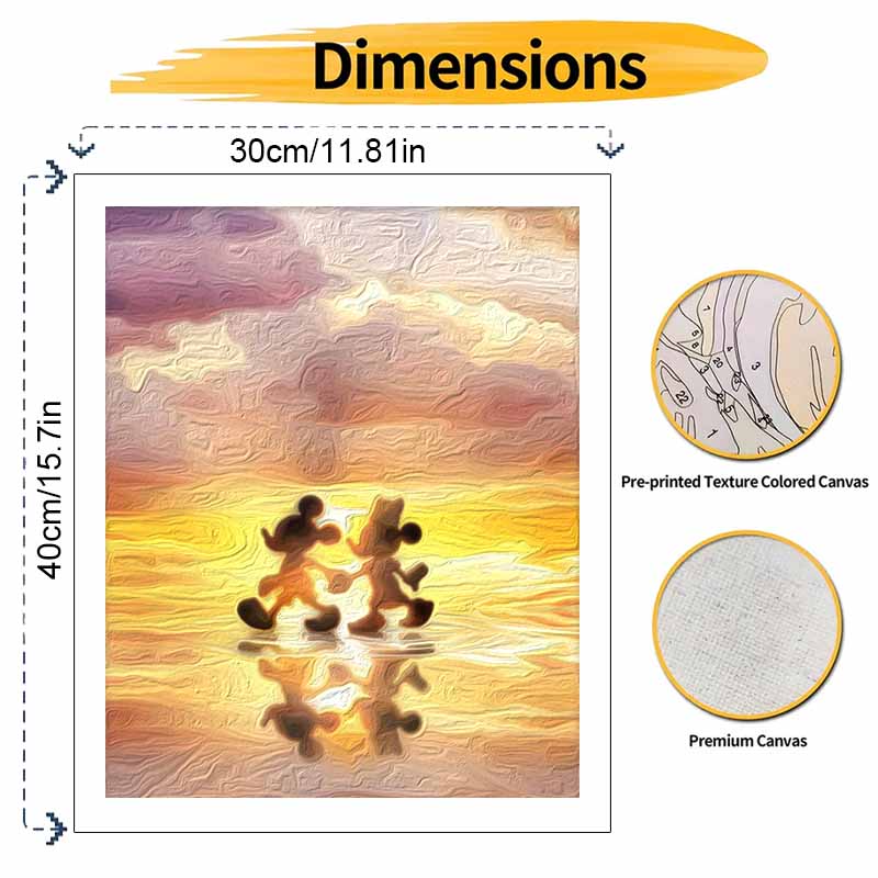 Disney Oil Painting DIY Digital Painting Mickey and Minnie Sunset Silhouette HandPainted Wall Art for Living Room Entryway.