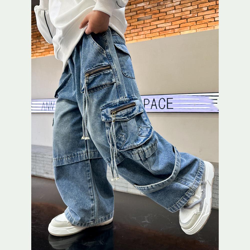 Детские джинсовые брюки весна-осень модные джинсы карго для мальчиков корейский стиль повседневные красивые длинные брюки с карманами