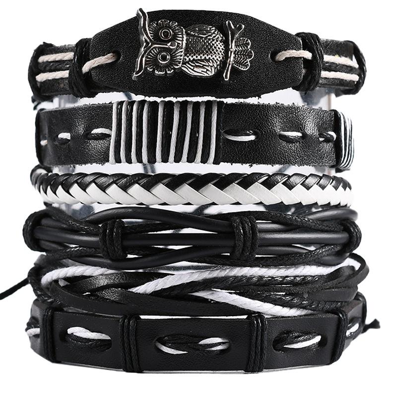 Retro Men's 5-Piece Adjustable Cross-Woven Leather Bracelet Set - National Style