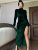European & American High Neck Velvet Dress – Autumn/Winter 2022 Women's Slim Fit Ruched Slit Long Dress
