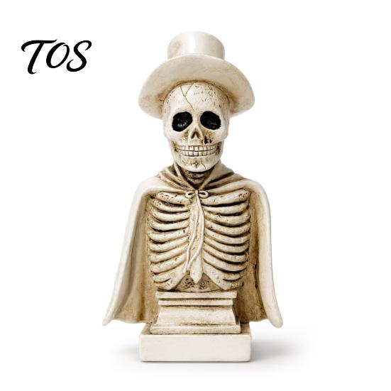 Desktop Ornament for Dark Style Decor Gothic Halloween Skull Sculpture with Top Hat And Cape, Spooky Resin Creepy Statue Holiday Skeleton Figurine LED