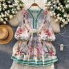 Spring Summer Women Vintage Designer Print Runway Dress V-neck Single Breasted Mini Short Party Dresses with Belt
