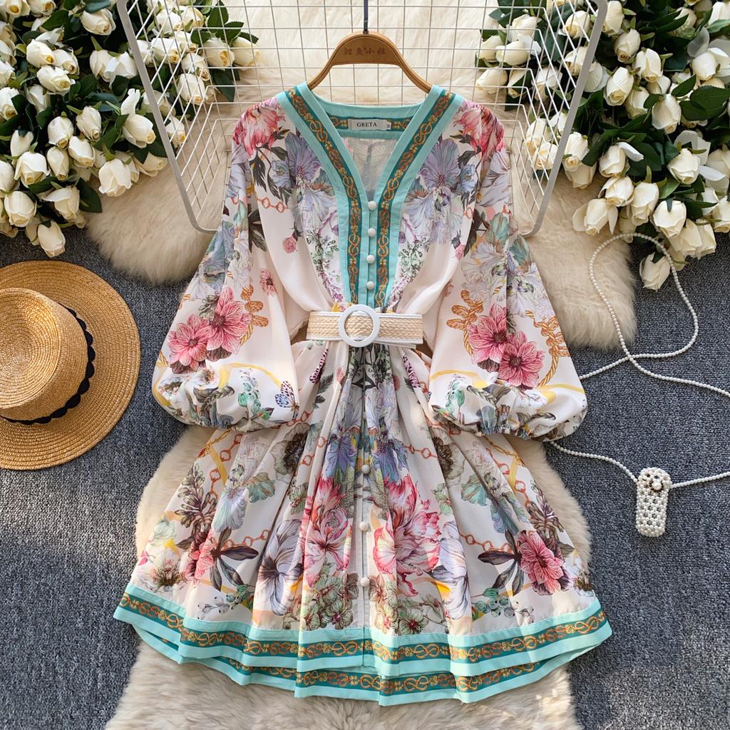 Spring Summer Women Vintage Designer Print Runway Dress V-neck Single Breasted Mini Short Party Dresses with Belt