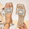 Fashion Women Slippers Square Head Flat Shoes Solid Color Lightweight Sandals Korean Style Open Toe Slippers Rhinestone Slides Women