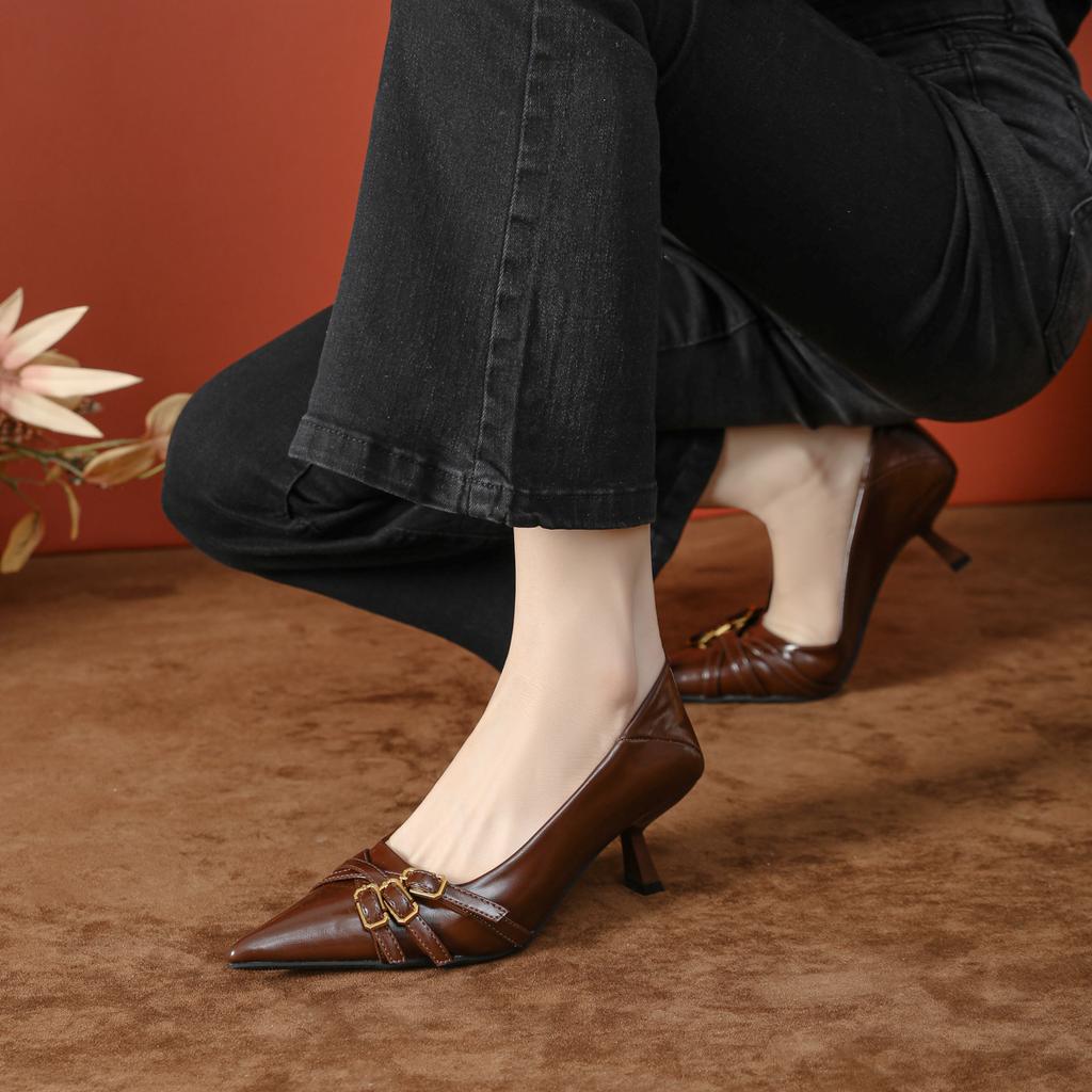 New Shallow Fashion Shoes Thin Heel Pointed Small Fragrant Fashion Shoes European and American Brown Women's High Heels High Sense