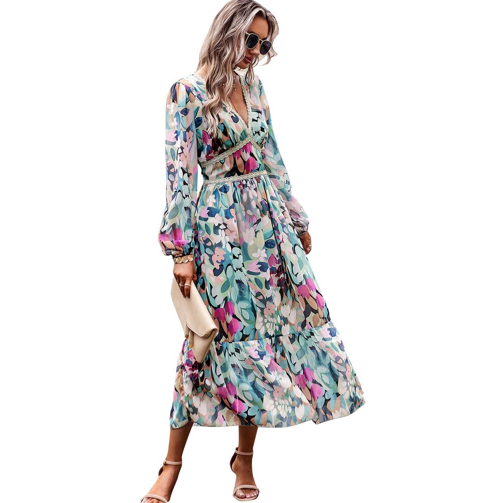 Women's Autumn Vacation Casual Printed V-neck Long-sleeved Dress