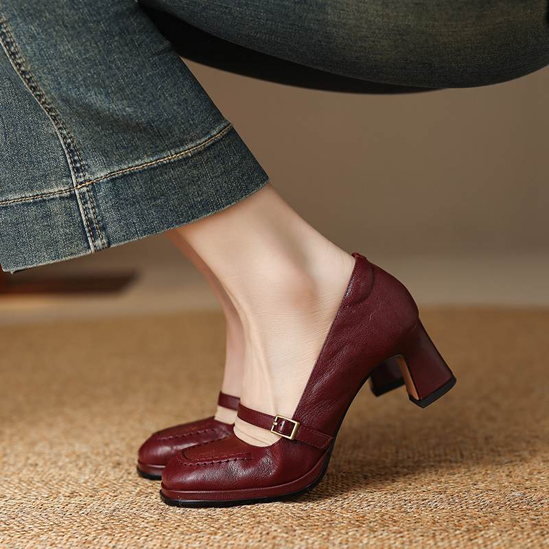 Krazing Pot Овчина Квадратный Носок Размер 40 Высокие Каблуки Металлическая Пряжка Декорация Модные Гладиаторы Осенние Туфли