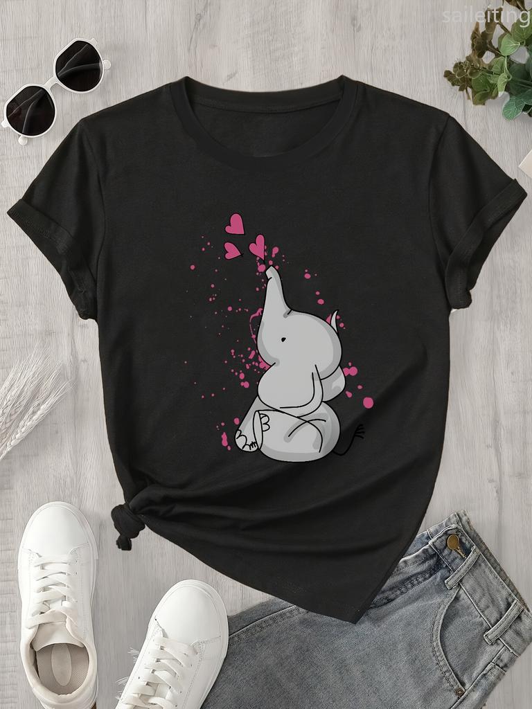 Lady Top with Cute Cartoon Elephant Pink Hearts Graphic Print Women's Harajuku Short Sleeve Casual Women's T-shirt Streetwear