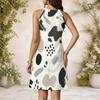 Women Plus Size High Round Neck Sleeveless Abstract Printed Gathered Waist Flared Dress