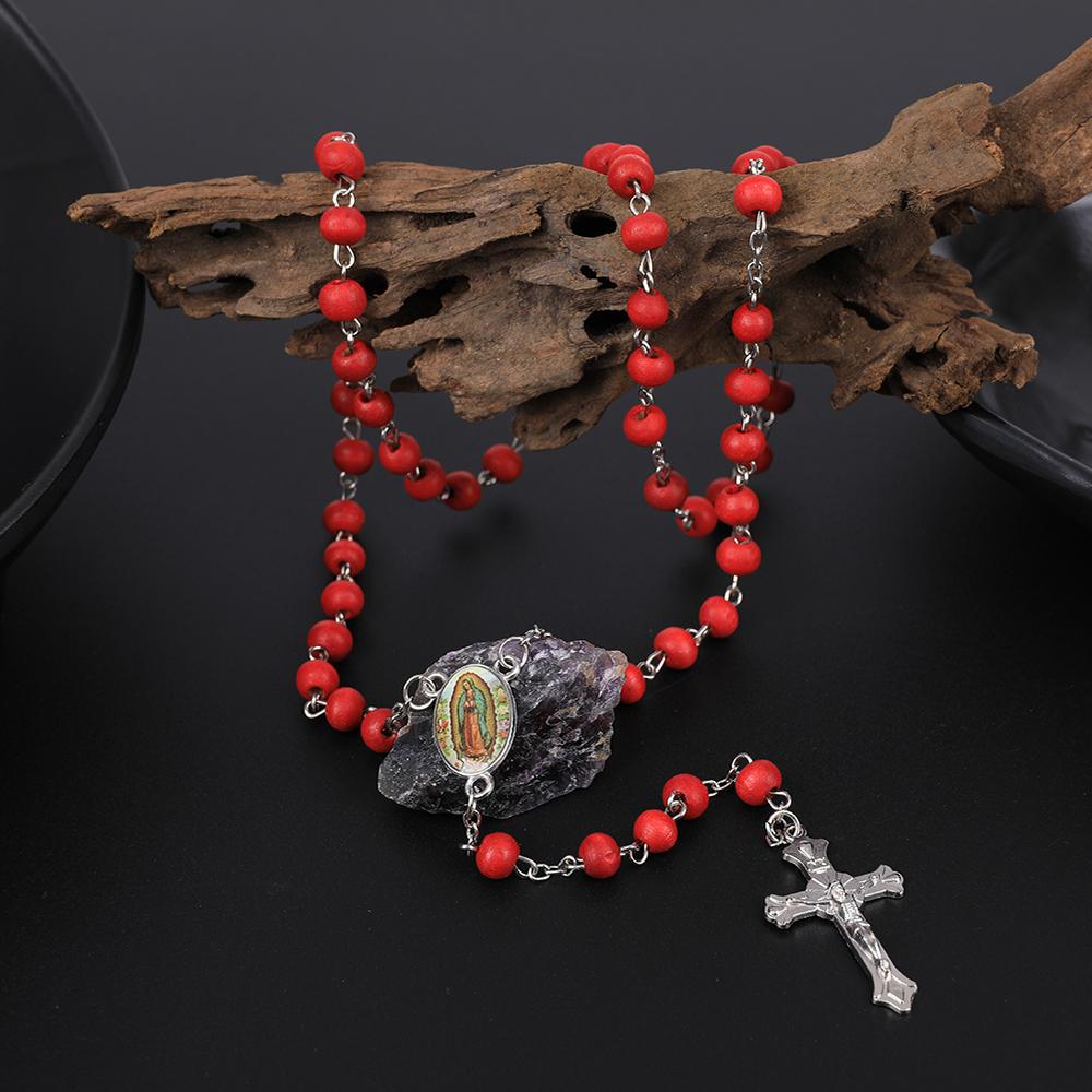 Wood Rosary Necklace For Women 6MM Wooden Prayer Beads Long Chain Religious Virgin Mary Cross Pendant Men Party Jewelry Gift