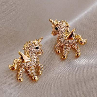 Милые серьги с единорогом в виде животных, инкрустированные цирконием, серьги-гвоздики, детский подарок на день рождения для девочек, ювелирные изделия