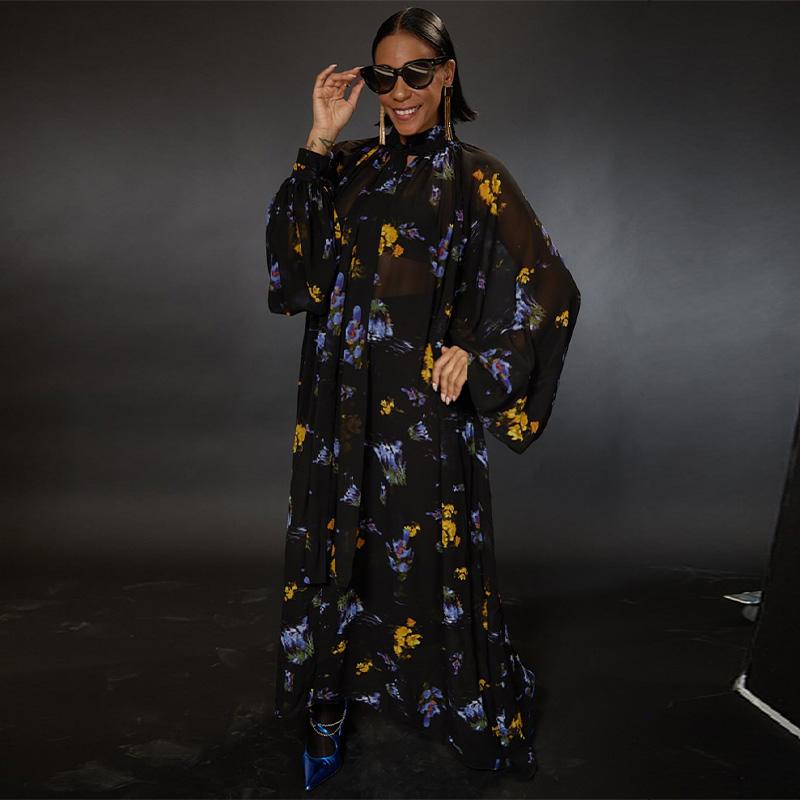 Длинные платья с принтом для женщин, свободные платья с рукавами-фонариками и воротником-стойкой, весна-лето 2025, женское платье для отпуска