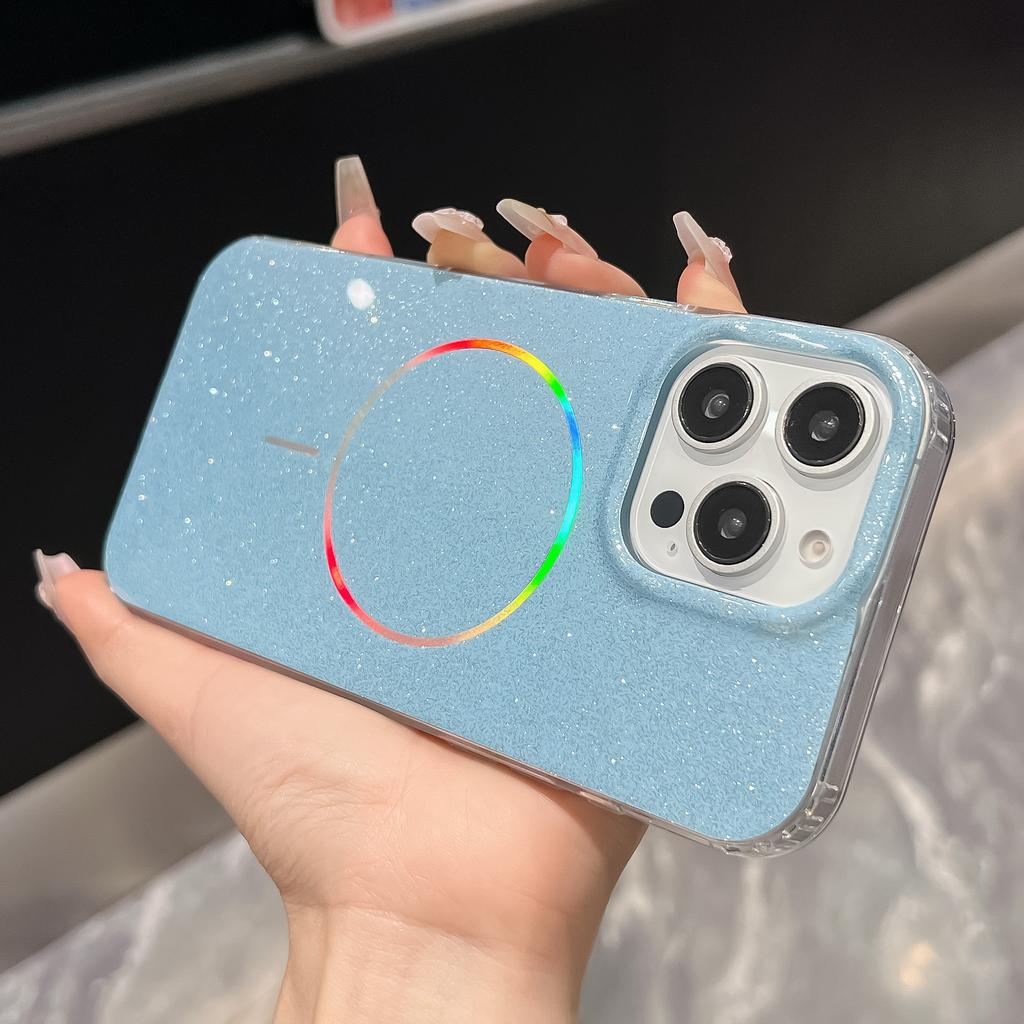 Подходит для iPhone16promax Aurora Тонкий Круг Магнитная Адсорбция Чехол для Телефона Apple 15 Блестящий Порошок Большое Отверстие Защитный Чехол от Падений