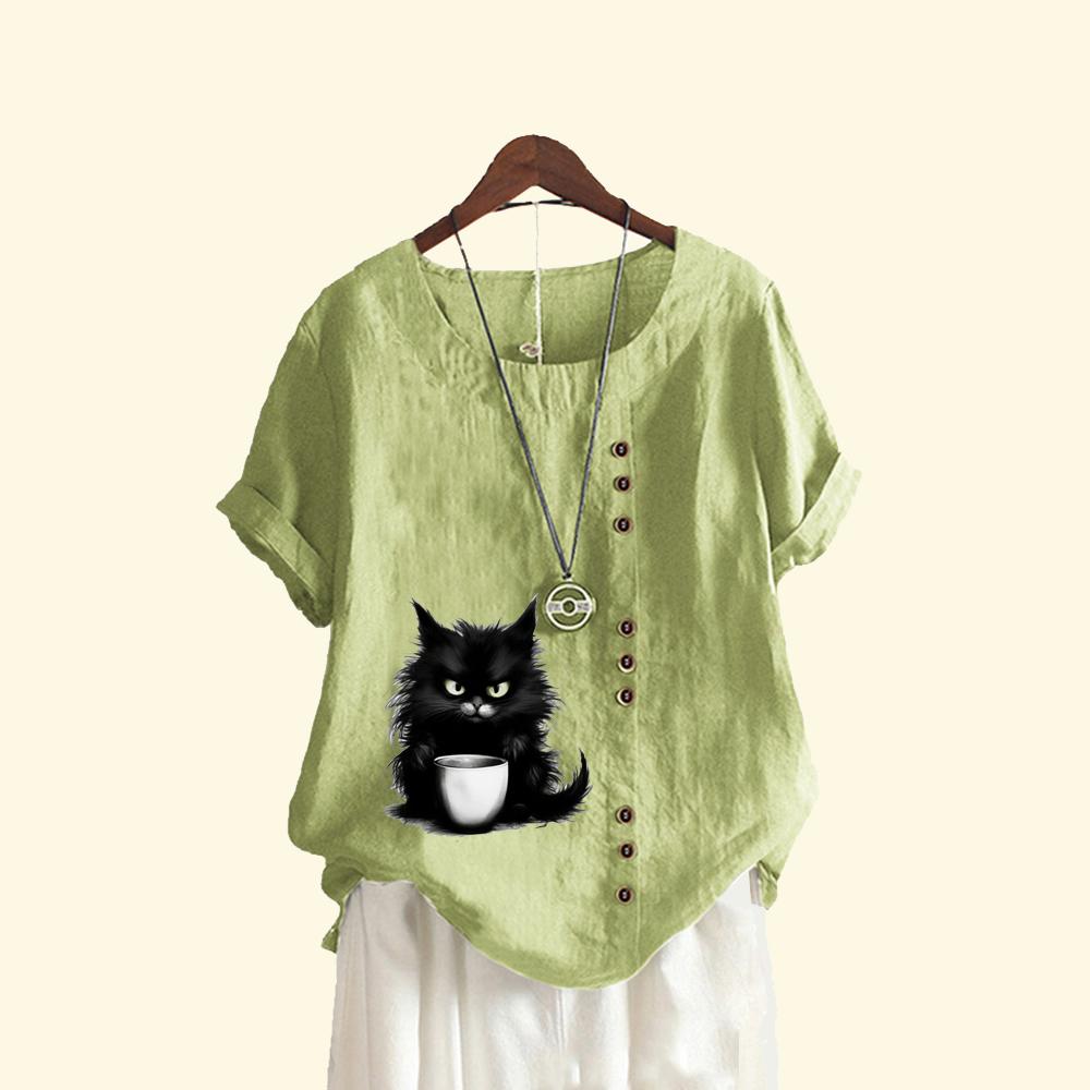 Женская свободная льняная блузка-пуловер, женская повседневная футболка с круглым вырезом и принтом кота, летняя модная футболка с короткими рукавами
