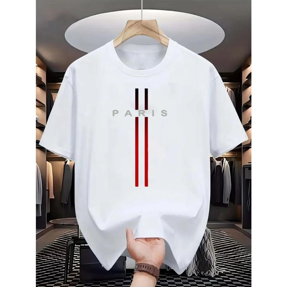 Men's Summer Hot Selling Casual Loose Breathable Round Neck T-shirt with Parisian Letter Print Outdoor City Comfortable Top