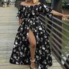 Summer Womens's Off Shoulder Bohemia Holiday Maxi Dress Floral Print Beach Half Lantern Sleeves Casual Plus Size