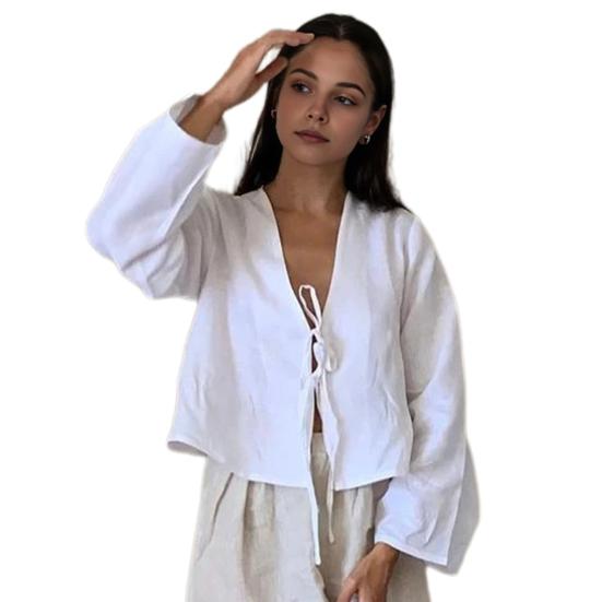 Женская рубашка с v-образным вырезом и длинным рукавом, свободная посадка, однотонная рубашка, топы, летний кардиган на шнуровке с бантом, рубашка с завязкой на галстуке, топ