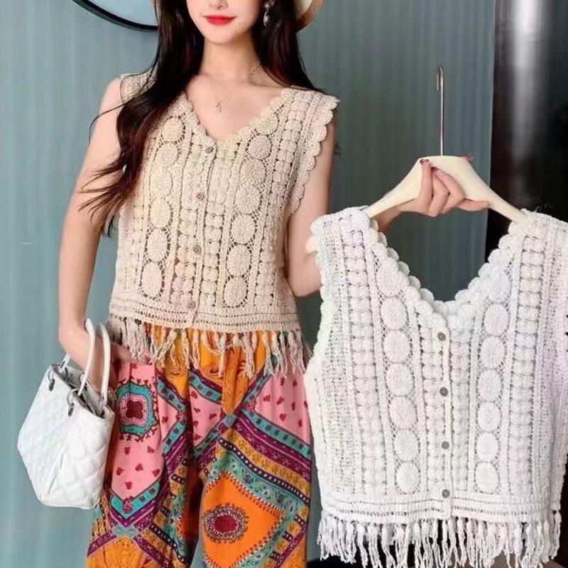 Маленький жилет с крючками и цветочным узором для женщин с летним темпераментом, уникальный и шикарный вязаный кардиган без рукавов