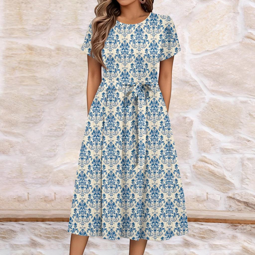 Women's Summer Casual Floral Print Round Neck Midi Dress Basic Classic Outdoor Everyday Short Sleeve Loose Dress