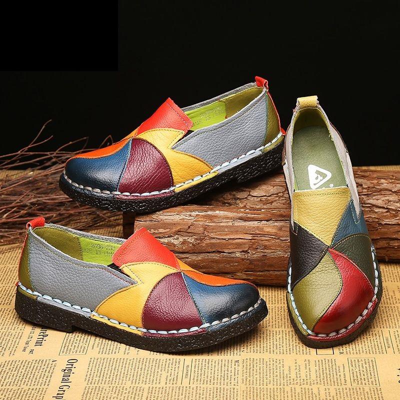 Designer Patches Ballet Flats For Women Luxury Vintage Shoes Big Size 42 Women's Genuine Leather Moccasins Mom Rainbow Loafers