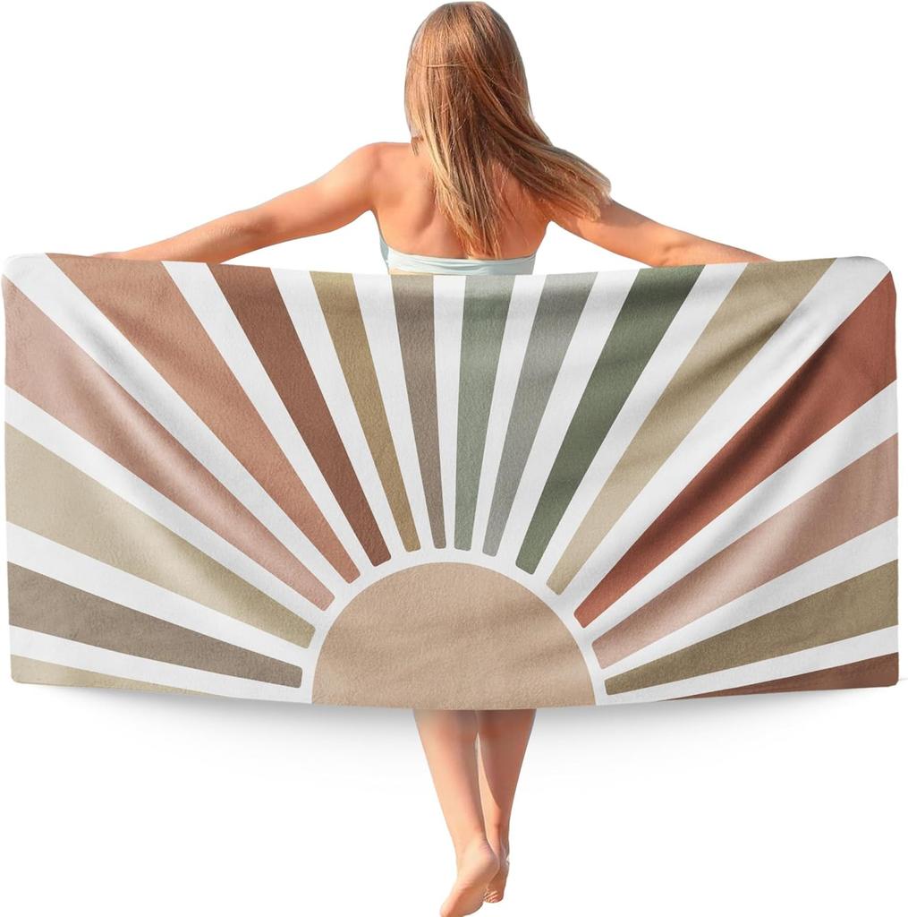 Boho Colorful Sun Sunshine Beach Towel, Sunrise Sunset Microfiber Beach Towels Oversized for Bathroom,Boho Quick Dry Travel Sand