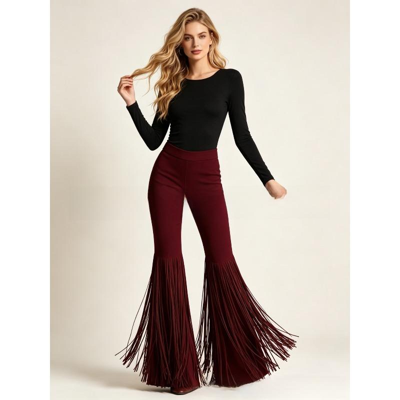 Fashion women's trousers retro fringed personalized autumn and winter new suede western bell pants