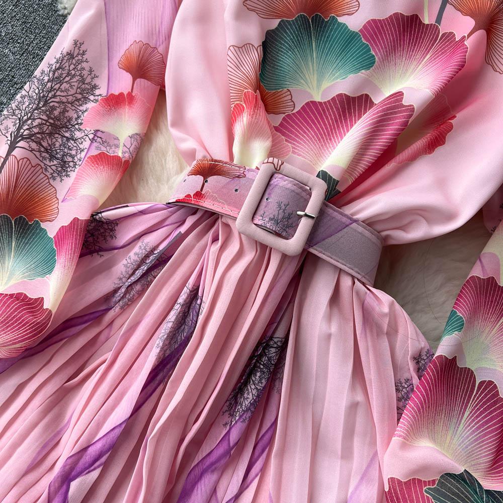 French Chic Dress for Women V-neck Plant Printed Lantern Sleeve Pleated Long Dresses Autumn Dress Female A-line