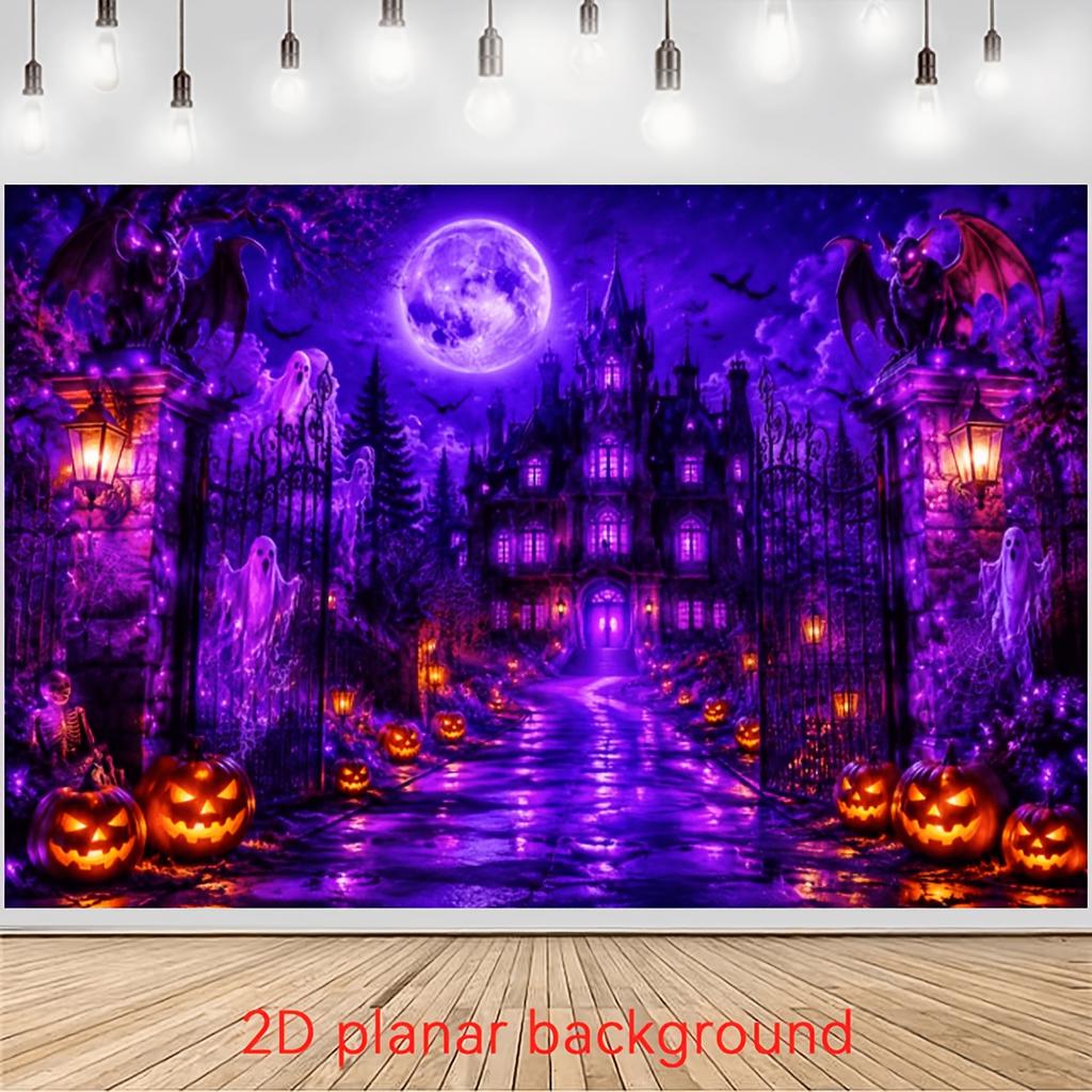 One 2D flag. Halloween-themed background fabric, a dark castle under a purple full moon with ghosts.