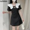Women Summer Contrast Color Lapel Tie Knot Short Sleeve Dresses