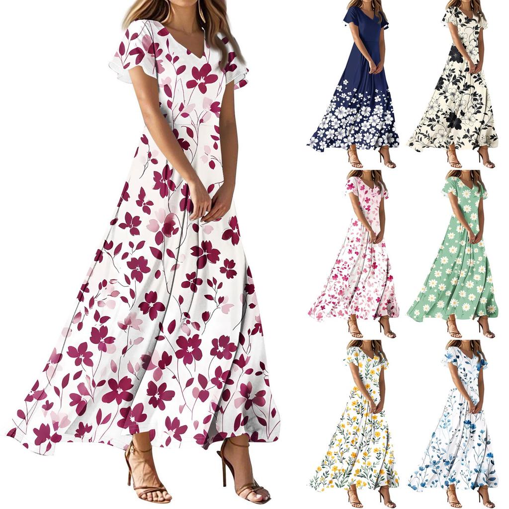 Women's Casual Fashion Print Long Dresses V-Neck Short Sleeve Dresses