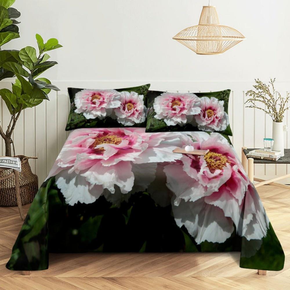 Pink Rose Bed Sheet Sets 3D Print Flowers Flat Soft Cover For Women Kids Girls King Queen Full Twin Size Linen Room Decor