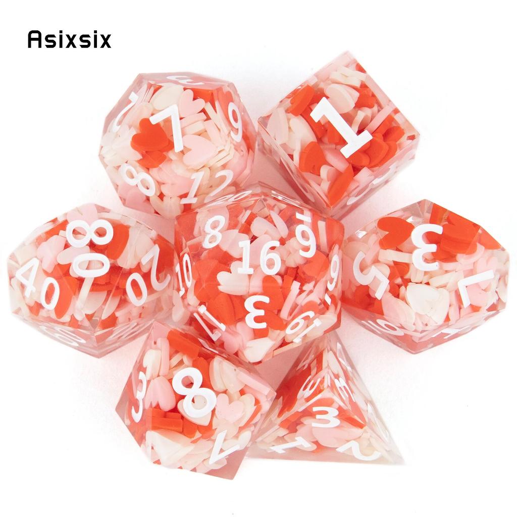 7 Pcs Red Loving Heart Resin White Number Sharp Dice Polyhedral Dice Suitable for Role-Playing RPG Board Game