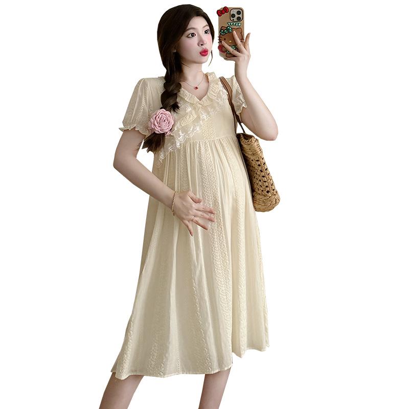 Милое летнее платье для беременных из жаккардового кружева с V-образным вырезом и вышивкой