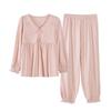 Женский пижамный комплект из лайкры и хлопка: Осенний топ с длинным рукавом и V-образным вырезом и брюки, однотонные, повседневная домашняя одежда