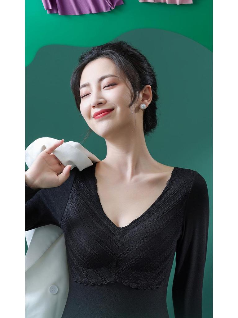 Женское термобелье из немецкого бархата: Плотный кружевной топ с V-образным вырезом и нагрудными накладками, длинные рукава, бесшовный, теплый.